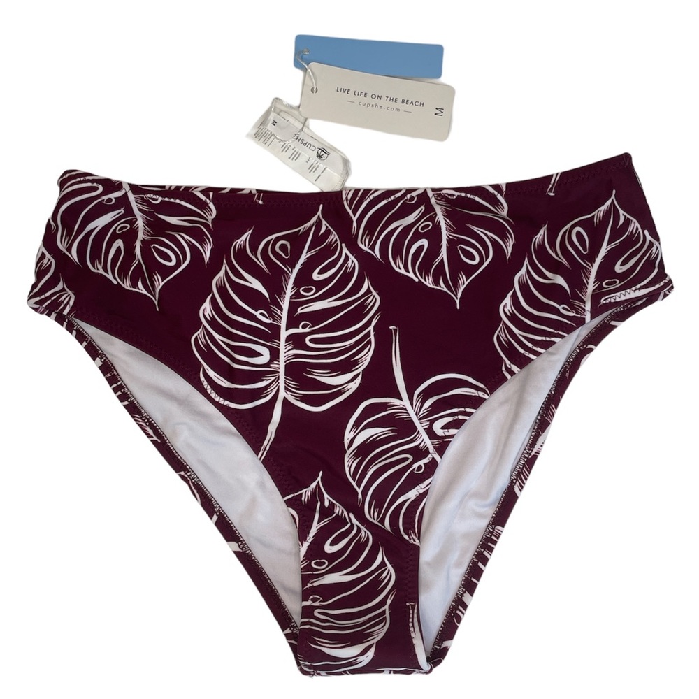 Maroon burgundy tropical Hawaiian palm leaf bikini high rise waist brief bottom